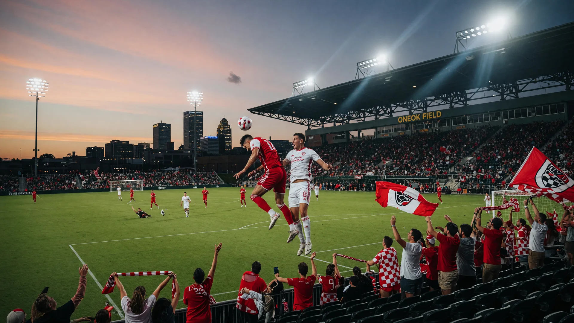Soccer match at ONEOK Field in Tulsa with players in action and stadium lights glowing at dusk