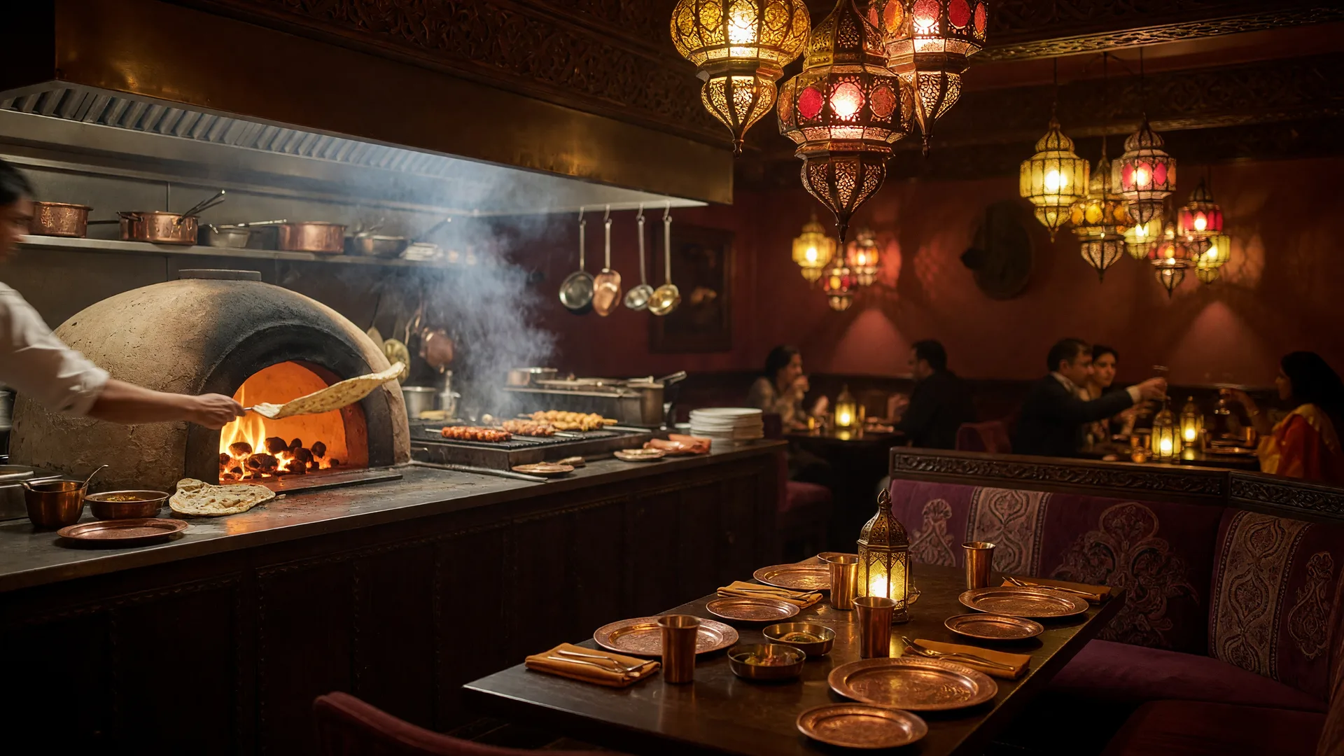 The warm interior of an upscale Indian restaurant in the evening with a glowing brick tandoor oven, dark wood tables, brass lanterns, and copper accents