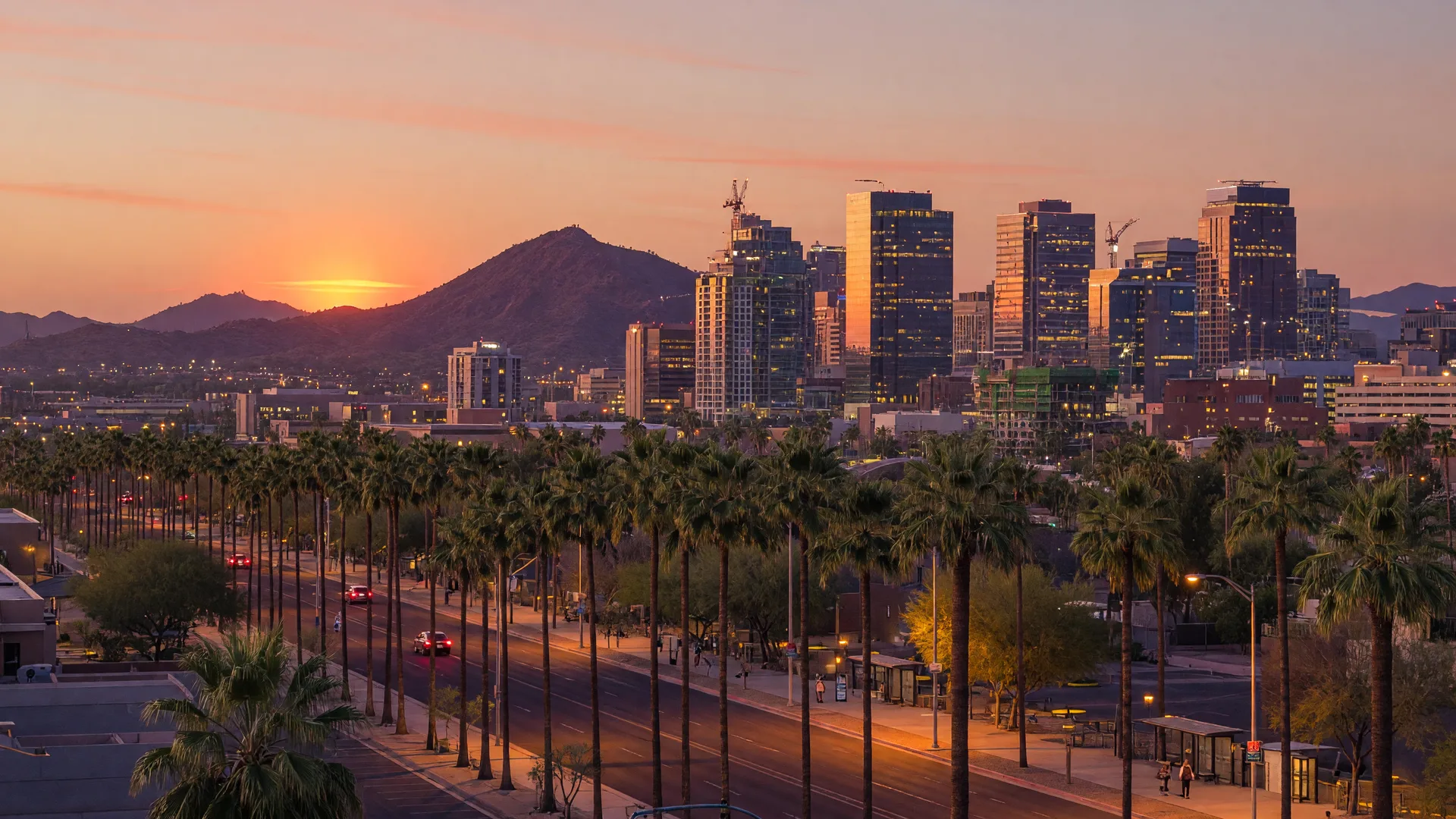 Golden hour view of downtown Phoenix with the skyline rising behind palm-lined streets and Camelback Mountain on the horizon