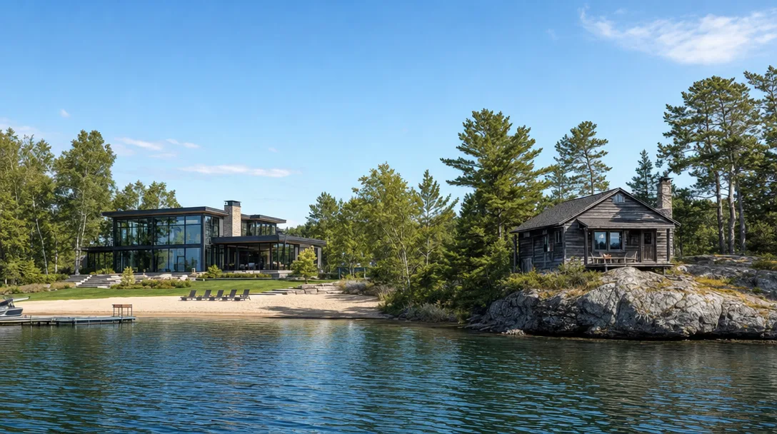 Contrasting lakefront properties showing value differences