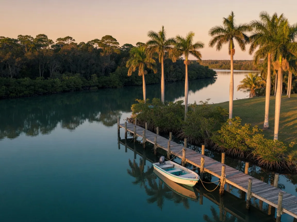 The Intracoastal at Hobe Sound at late afternoon, a mangrove-lined channel of teal water with a wooden dock and small boat