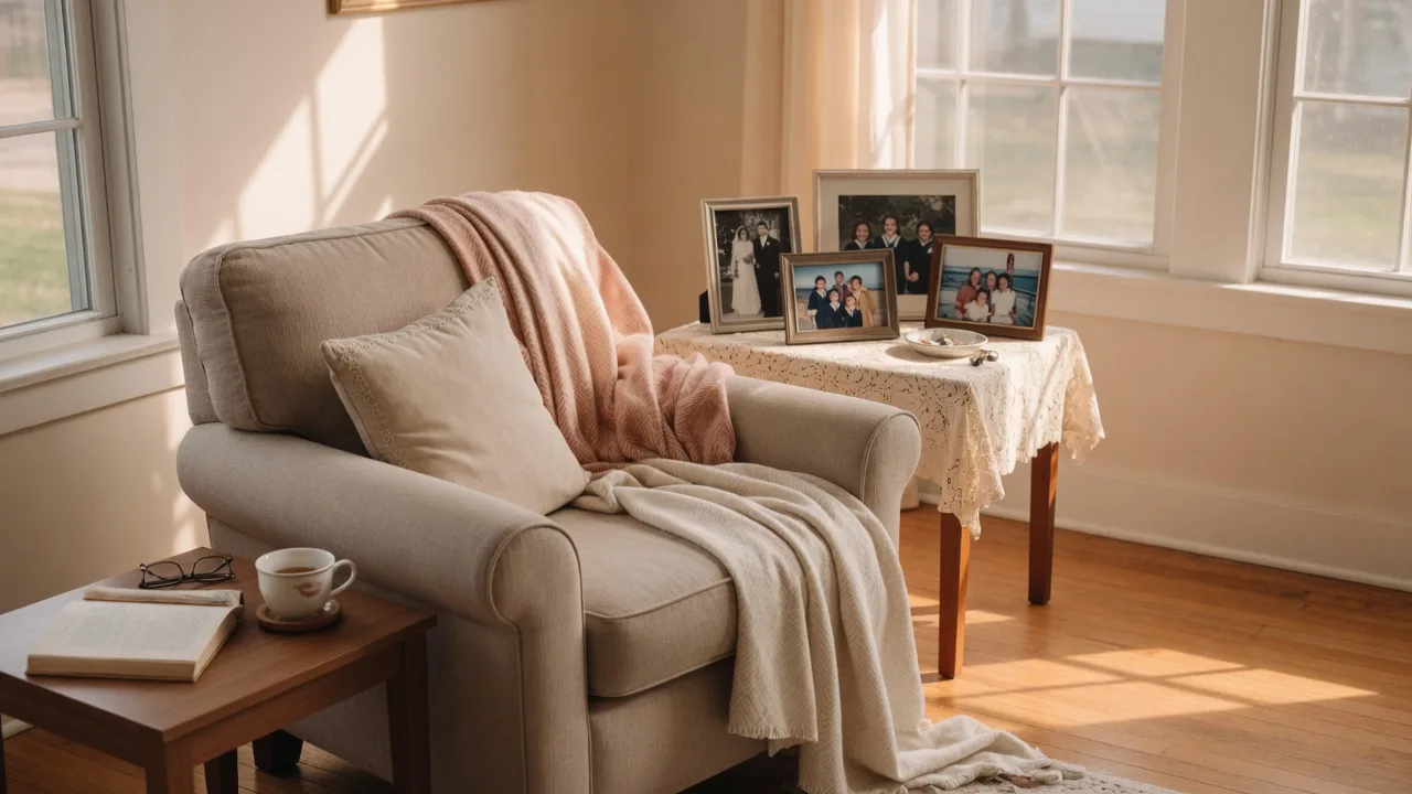 Cozy living room with an armchair, family photos, and a cup of tea symbolizing peaceful retirement planning and financial security