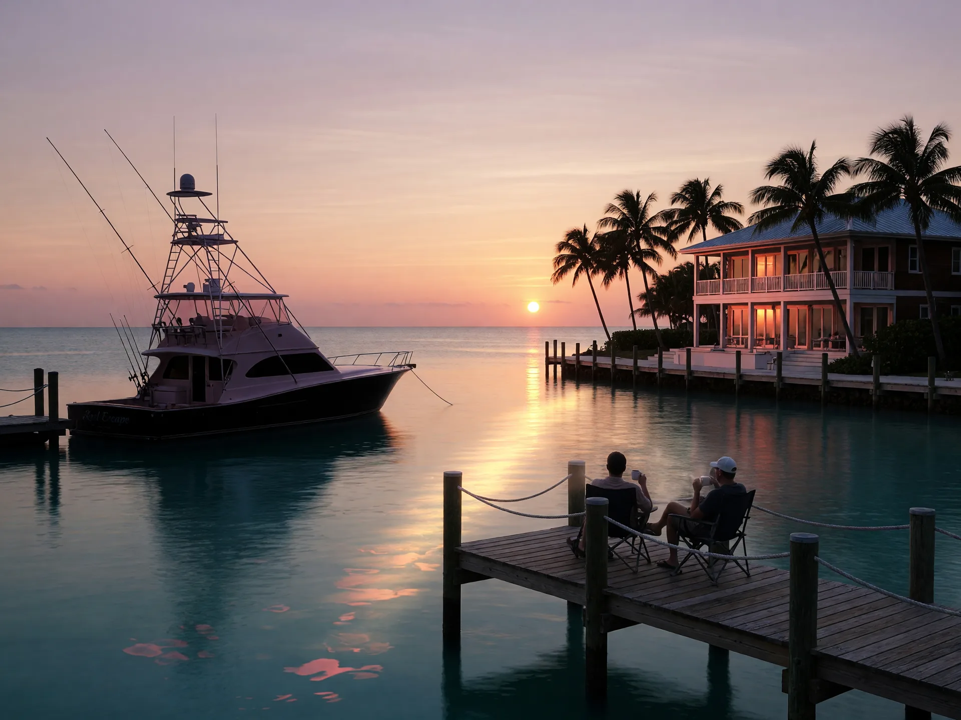 Sunrise over the Atlantic from a private Florida Keys dock, two distant silhouetted figures sitting at the end of the dock sipping coffee, a sportfishing yacht moored alongside, the low sun casting a golden path across calm turquoise water, a luxury waterfront home with impact glass glowing in pink morning light