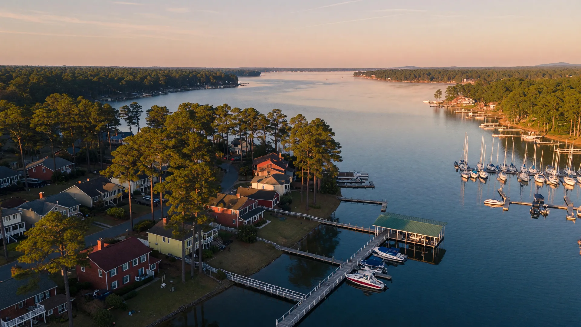 Aerial view of a Lake Norman lakeside neighborhood and marina at golden hour