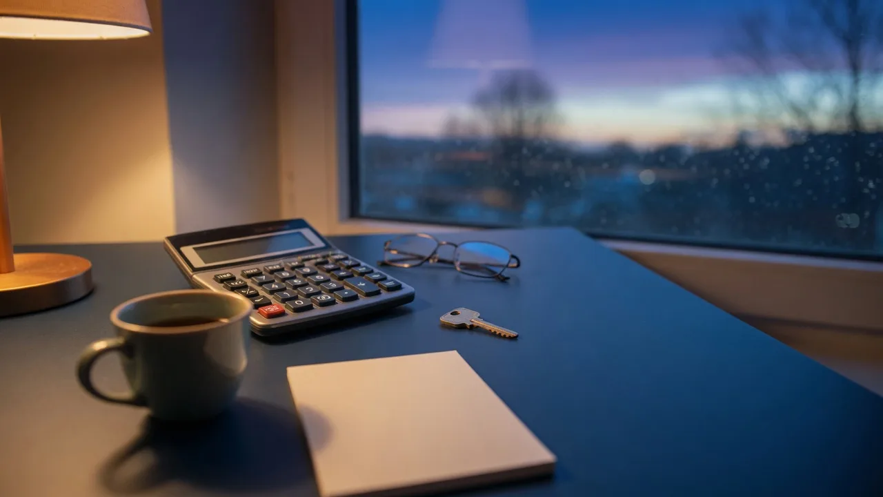 A calculator, brass house key, and reading glasses on a navy desk at blue hour