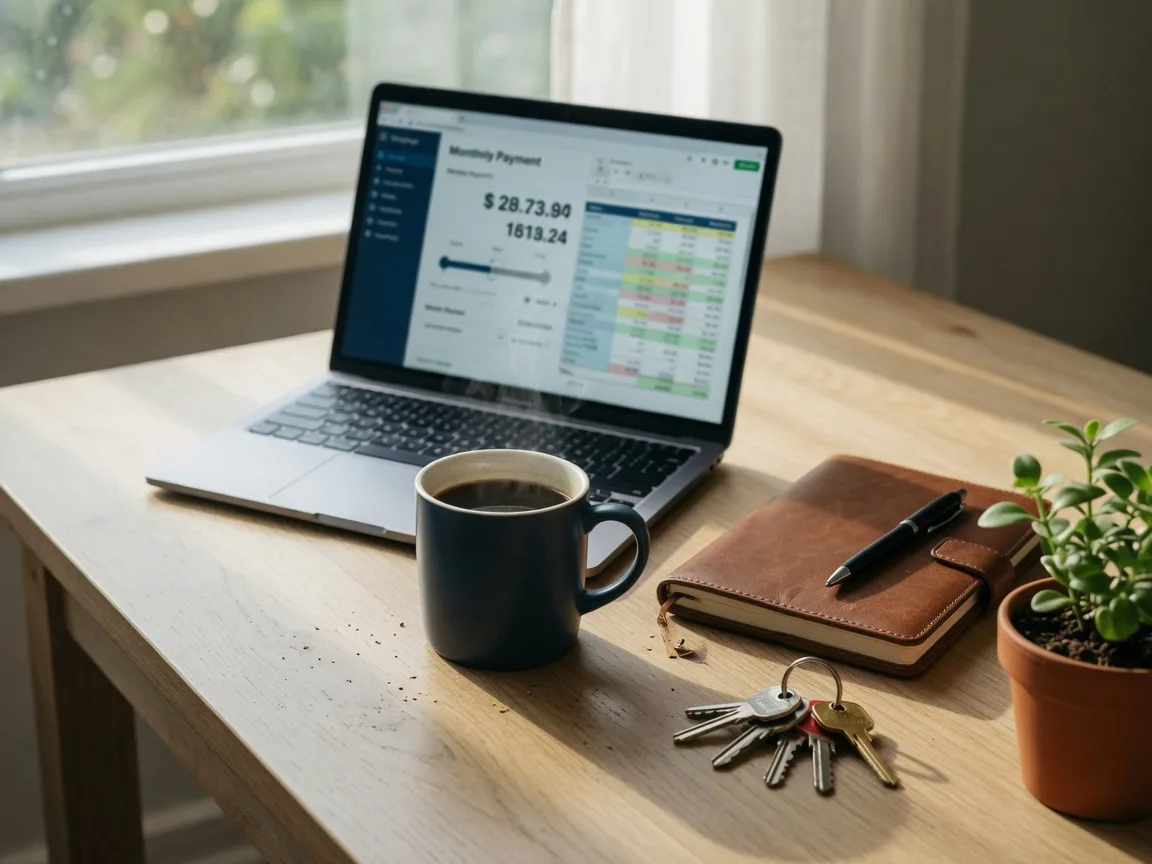 A kitchen table with a laptop showing a mortgage calculator, a notebook, house keys, and a potted plant, representing household debt planning and budgeting