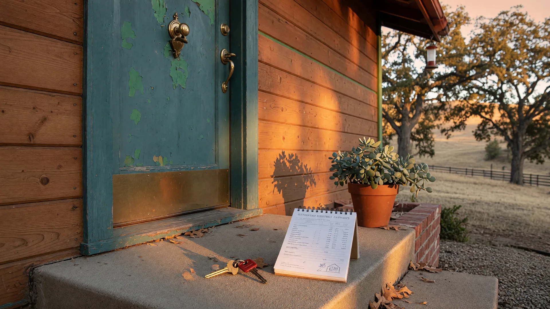 A welcoming North Bay home's front door at golden hour with a brass key resting on the entry step