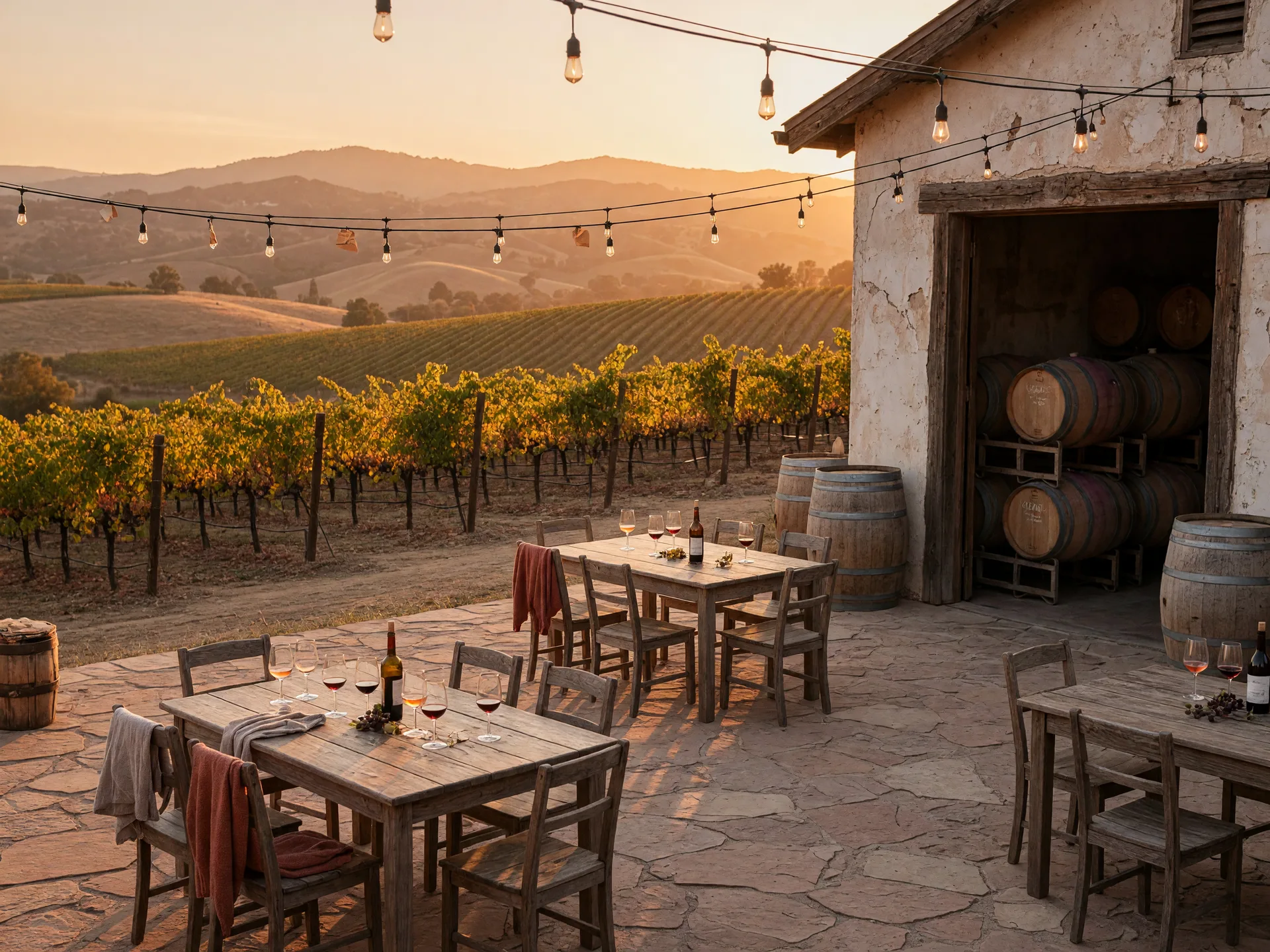 Wine tasting tables on a stone winery patio surrounded by vines in Temecula Valley at golden hour