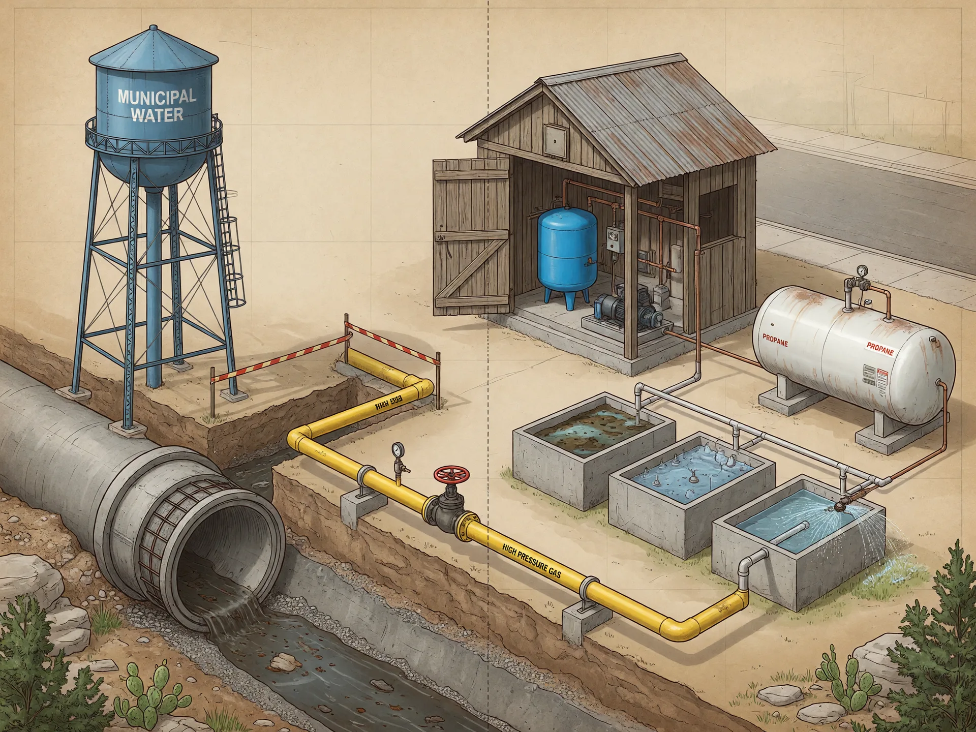 Split-view technical illustration comparing suburban municipal utility infrastructure on the left with rural Hill Country systems on the right, showing a well house, septic system diagram, propane tank, and satellite internet antenna