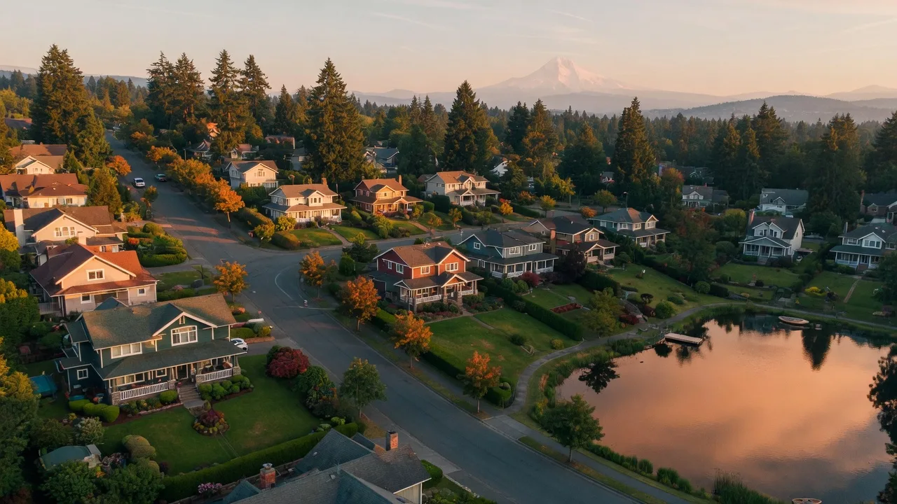 Aerial view of a tree-lined master-planned neighborhood with homes and green space at golden hour