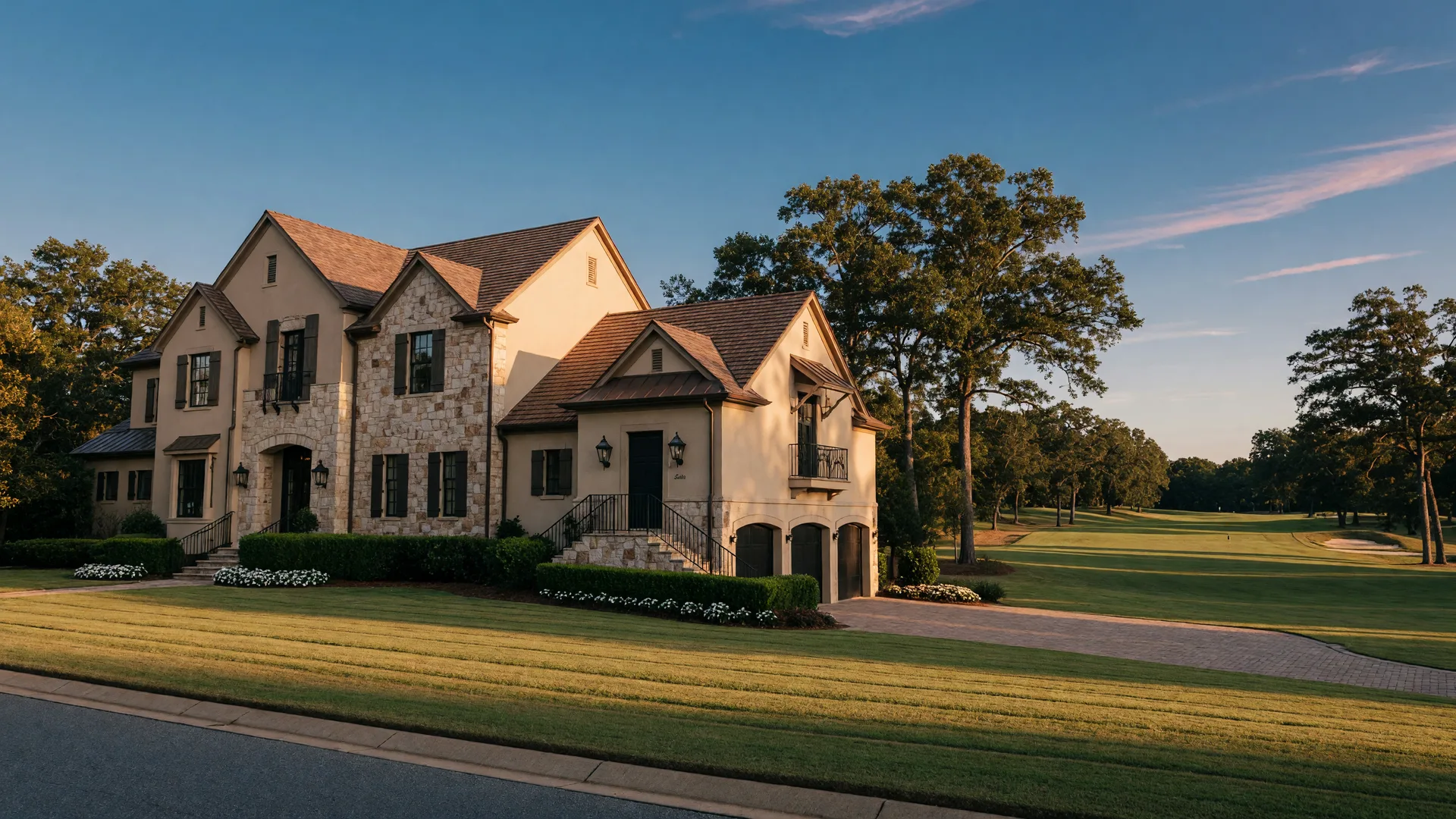 A luxury estate in a Braselton golf community with a guest-suite wing over the garage, photographed at golden hour