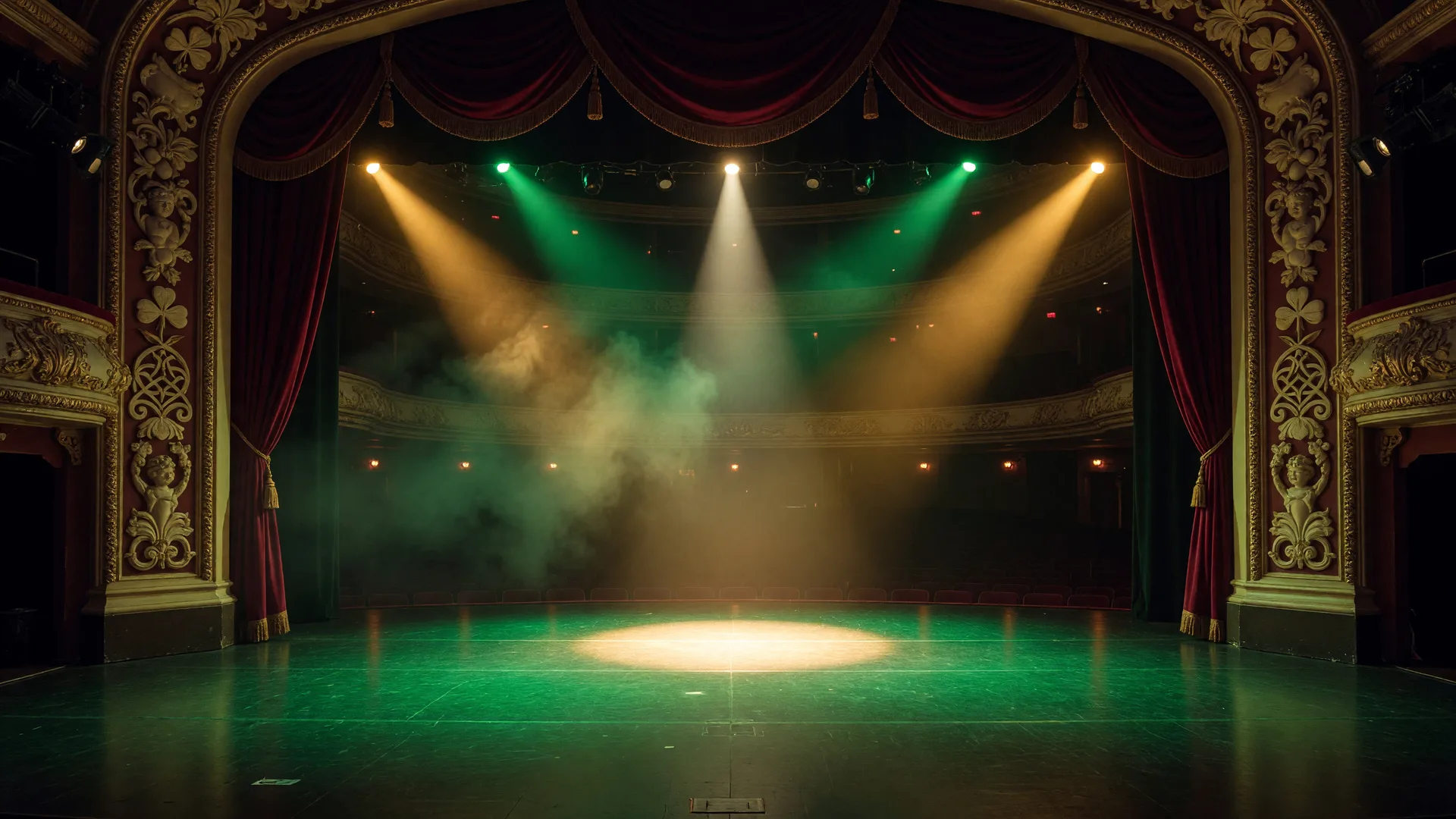 Grand theater stage bathed in emerald green and golden light for an Irish dance production