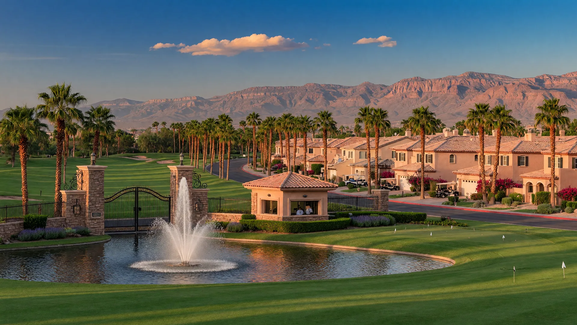 Guard-gated golf-course community in west Las Vegas with a stone entrance gate, palm-lined streets and a private country club fairway