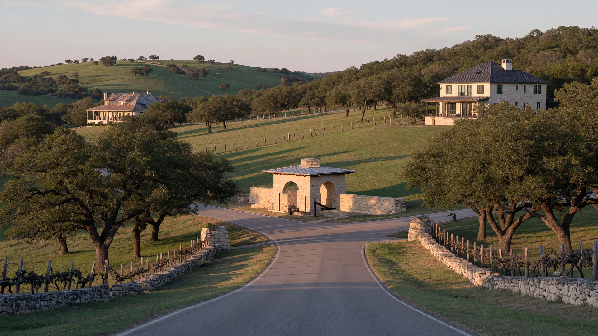 A winding drive under mature live oaks leading into an upscale Texas Hill Country neighborhood at golden hour, limestone gatehouse and rolling oak-dotted hills in warm evening light