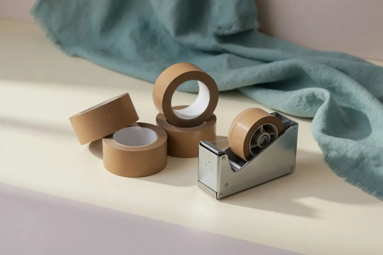Packing tape and shipping supplies photographed in a warm editorial still life
