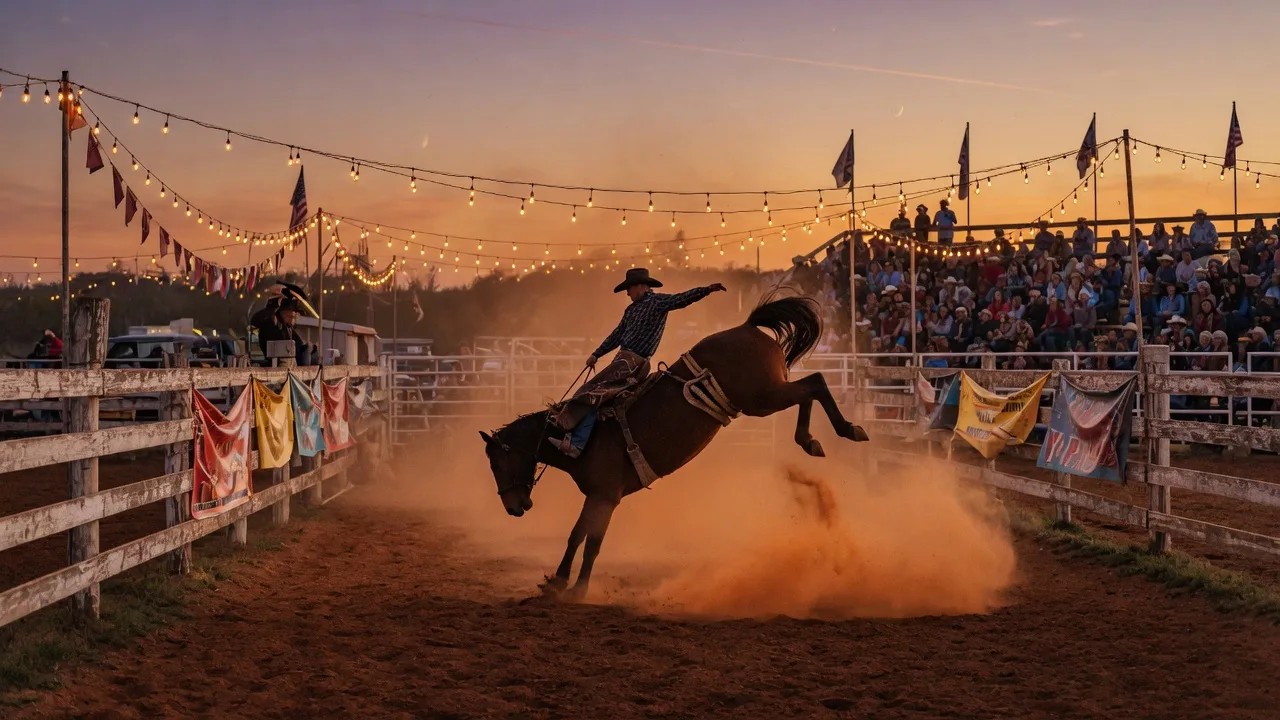 Cowboy on a bucking bronco in a dusty Texas rodeo arena at dusk with warm golden lighting and a small-town crowd under string lights