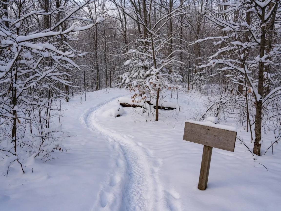 A snowshoe trail winding through a snowy Northeast Ohio forest with fresh powder on the branches and footprints curving around a bend