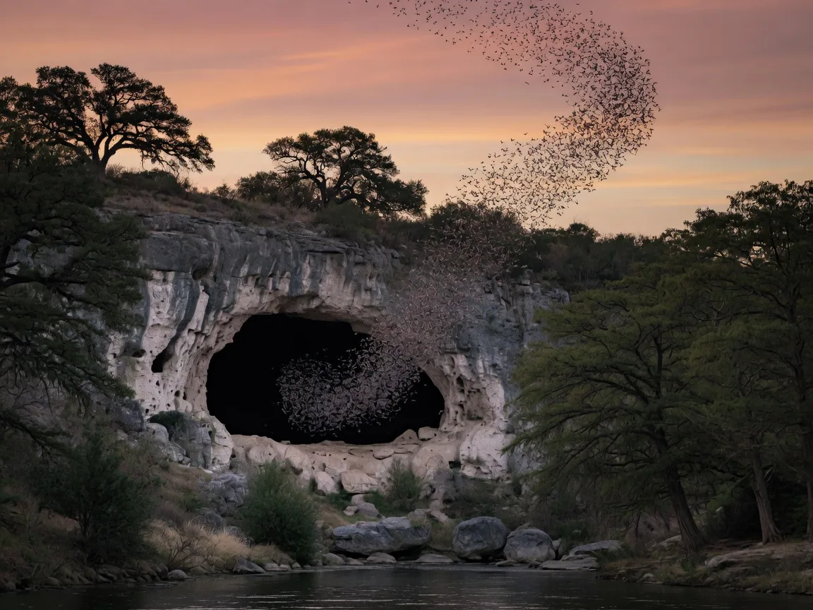 A dense spiral of bats streaming out of a limestone cave mouth at dusk against an amber and rose twilight sky, with live oak and cypress silhouettes in a Texas Hill Country river valley