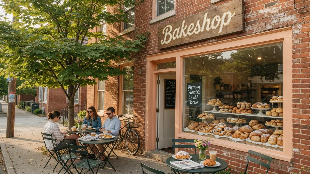 Brick storefront of Bakeshop in Falls Church, Virginia with a wooden sign, outdoor bistro tables under a leafy tree canopy, and large windows displaying fresh baked goods on a bright summer morning