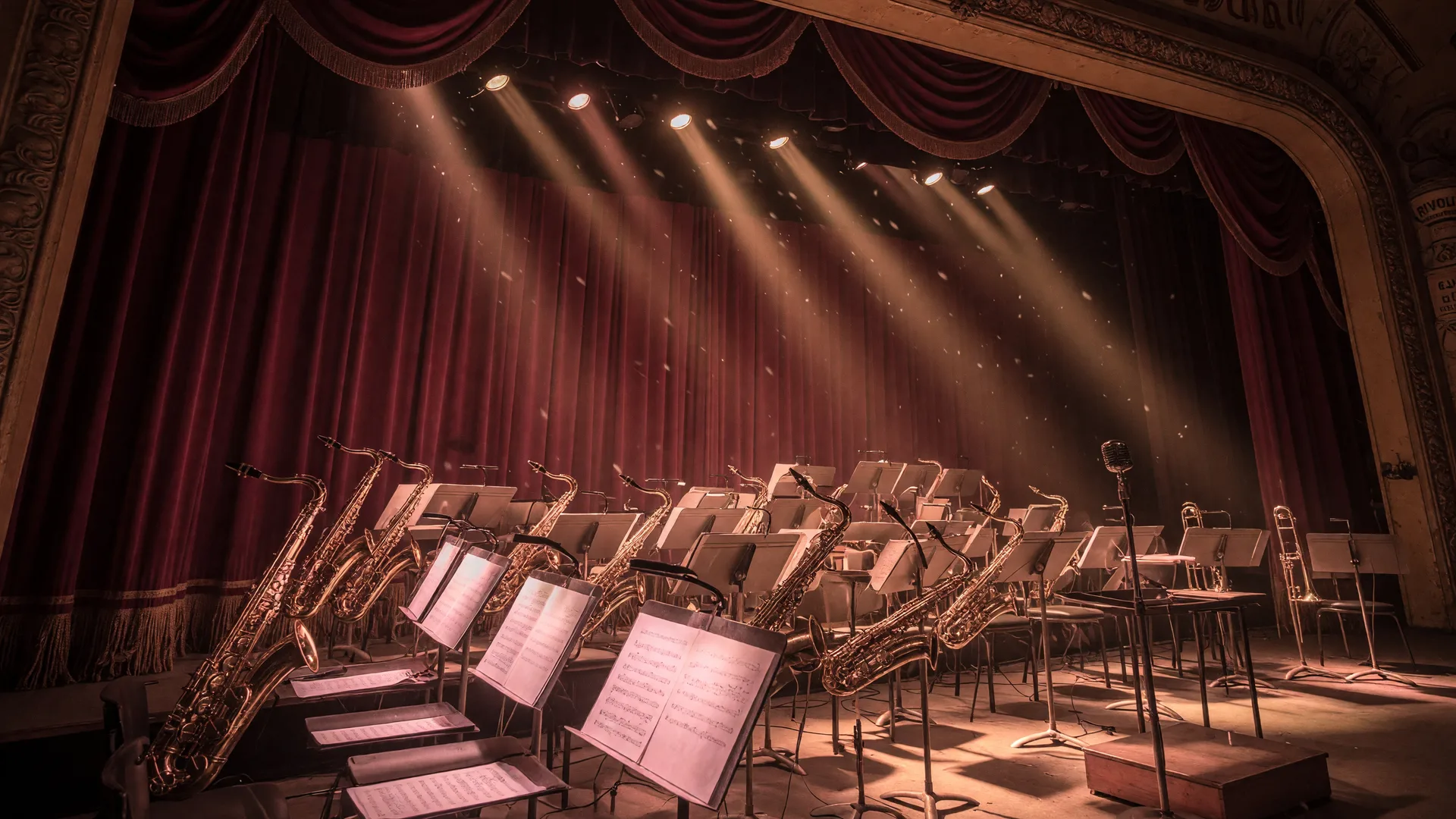 A classic big band set up on a historic theater stage with gleaming brass instruments on music stands and a red velvet curtain