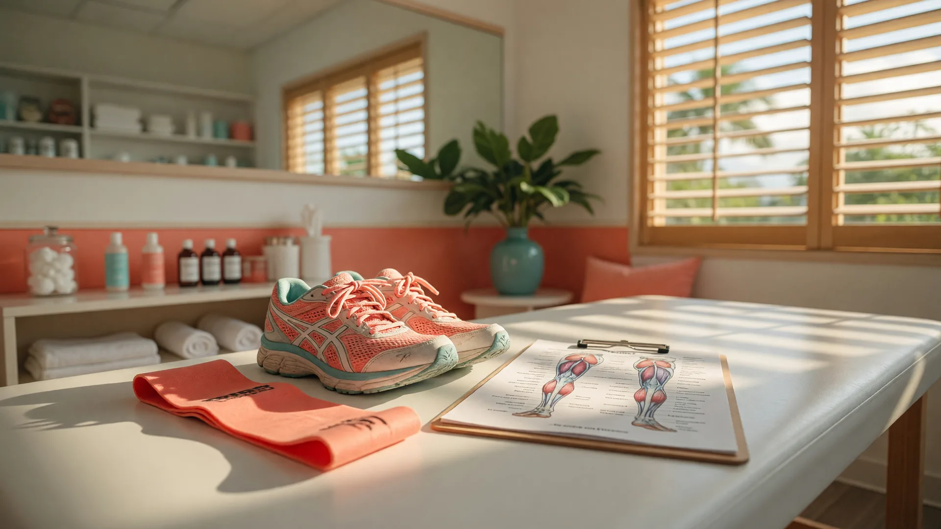 Running shoes and a resistance band on a bright white treatment table beside a clipboard with a leg muscle diagram in a Honolulu wellness clinic