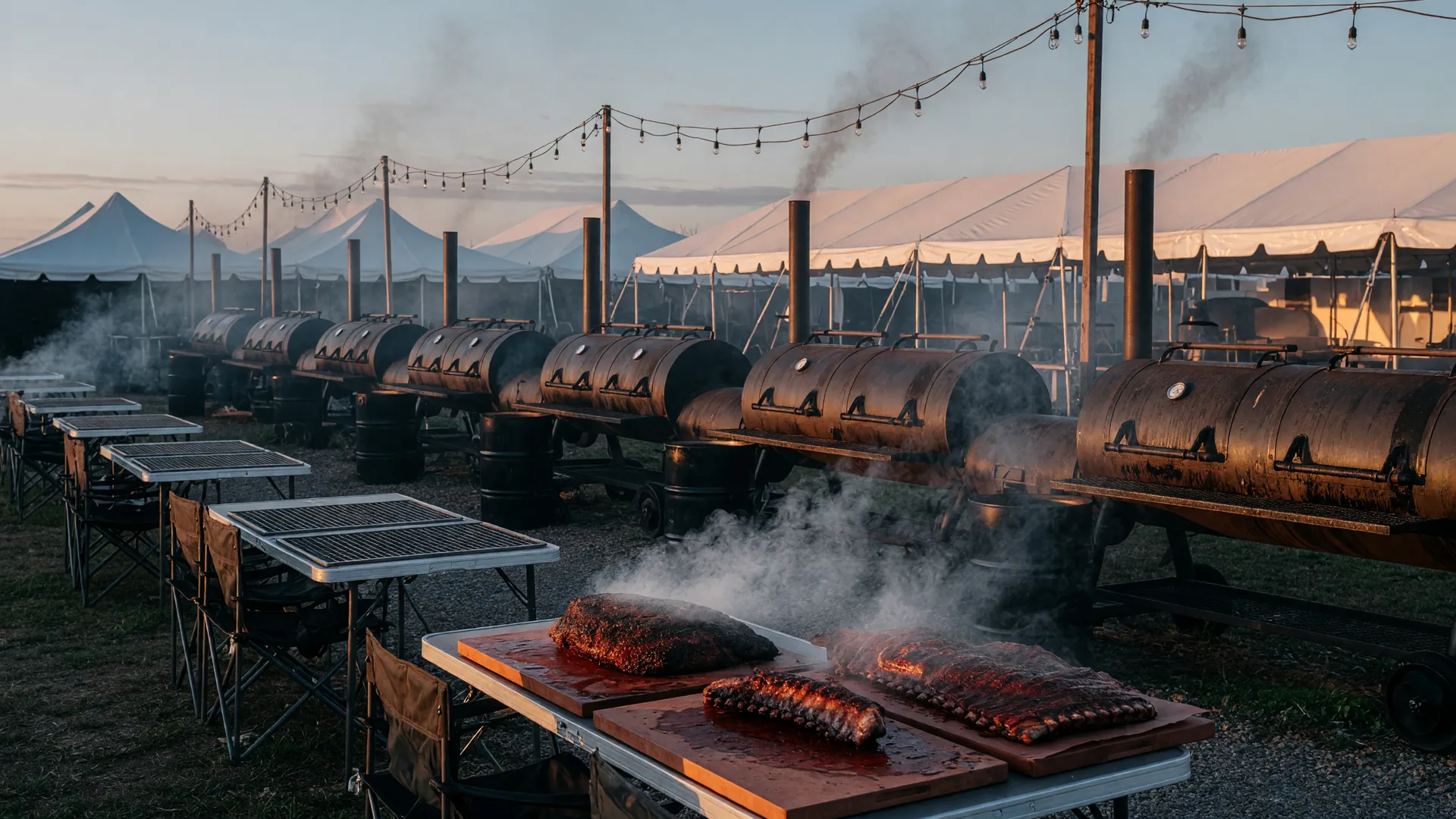 Rows of offset smokers with smoke curling from their stacks at a Texas barbecue competition on a cold morning, with briskets on a grate and string lights overhead