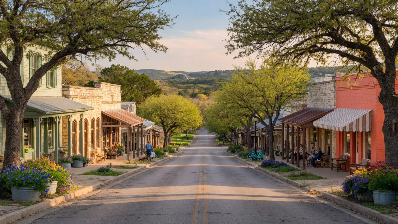 Historic Mercer Street in Dripping Springs, Texas with boutique storefronts, live oak trees, and Hill Country landscape under warm golden-hour light
