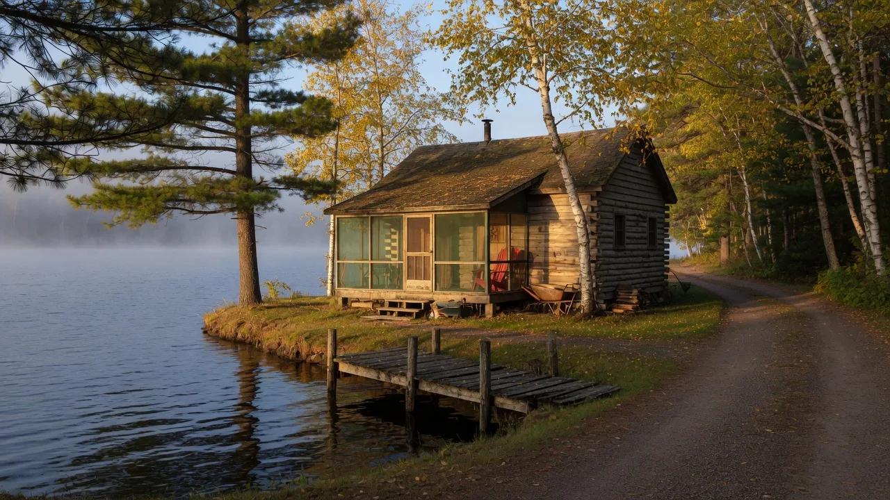 Older cedar log Minnesota lake cabin with a wooden dock on calm water in late September light