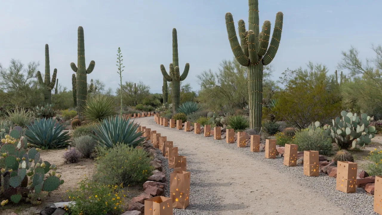 A desert garden path glowing with brown paper luminarias and warm string lights wrapped around saguaro cacti at dusk in the Phoenix Valley