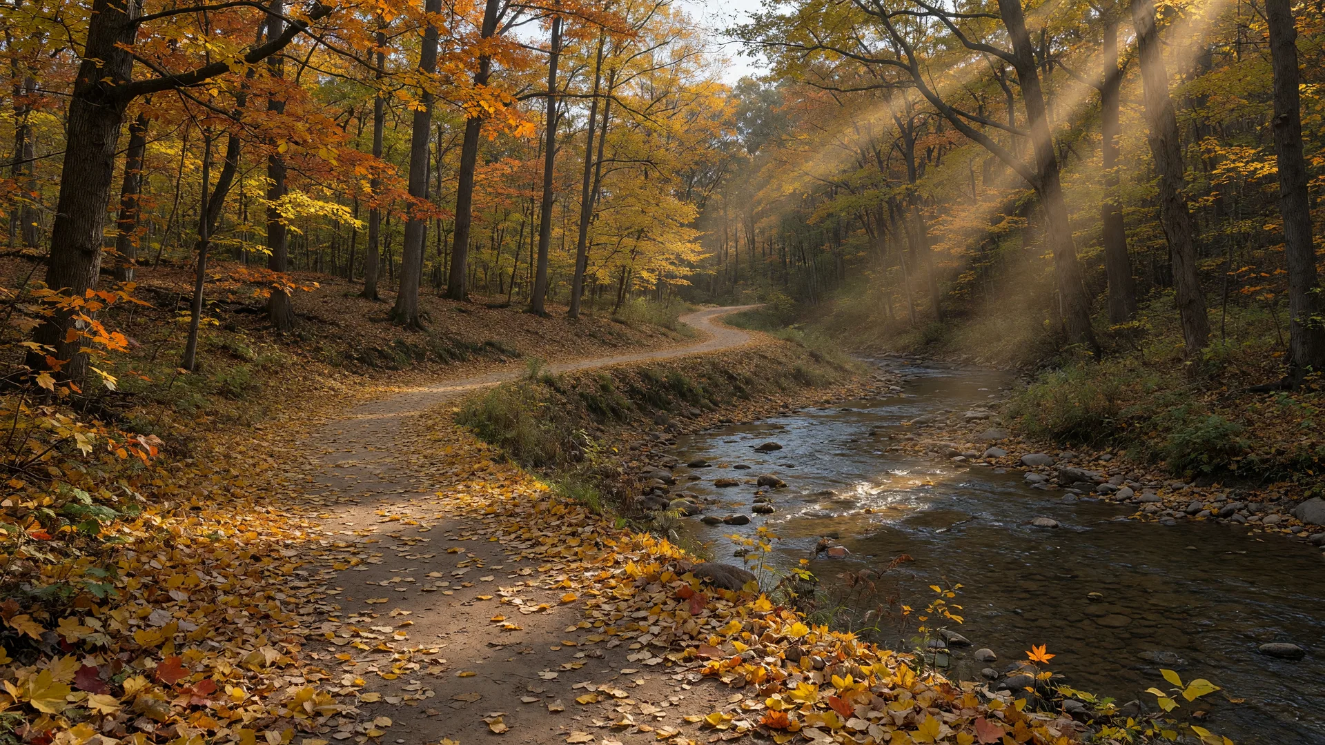 A wooded trail in autumn beside a stream near Norristown