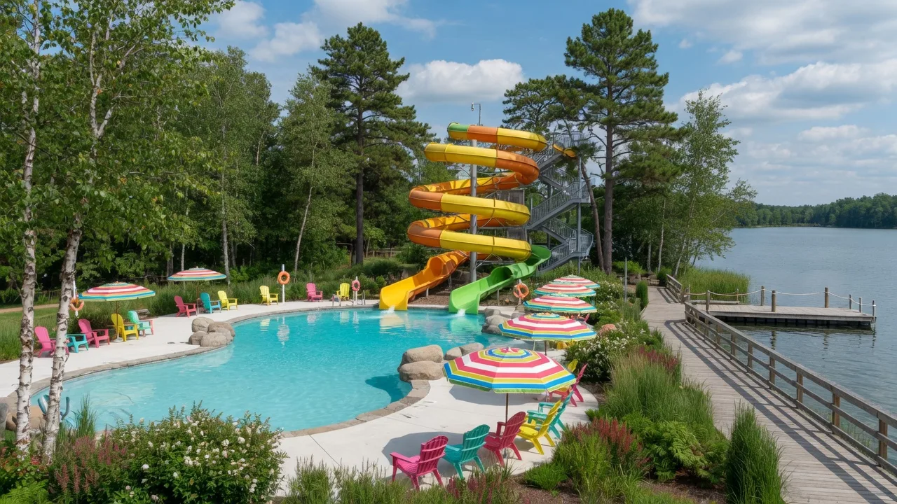 Outdoor water park pool with a tall slide at a family-friendly Minnesota resort