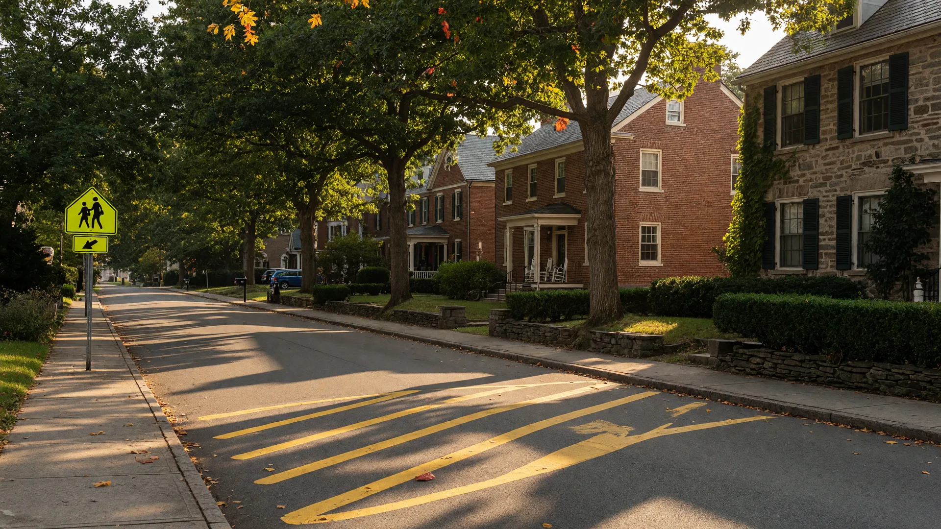 A leafy residential street in Rydal PA in early September with golden late-afternoon light across stone and brick homes under mature oaks with the first hints of autumn color