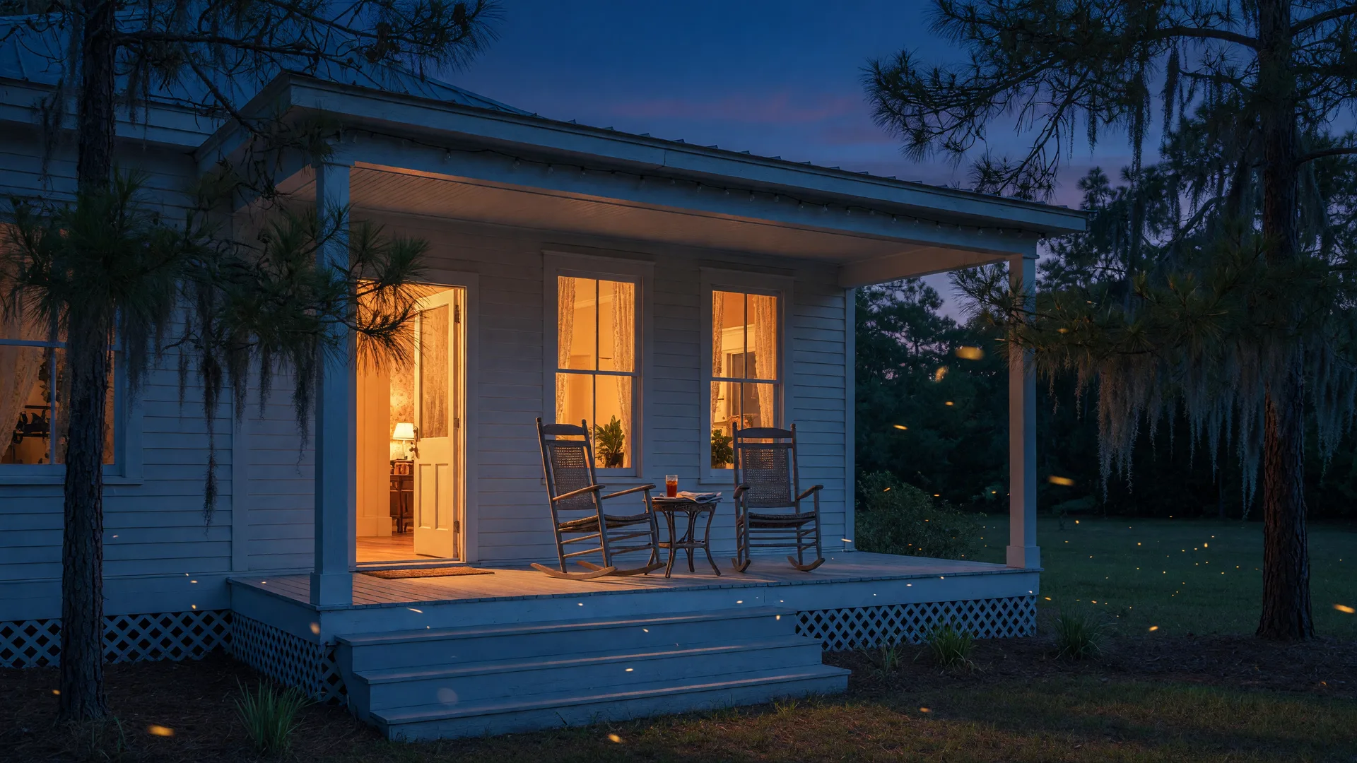 A Southern Carolina porch at dusk with rocking chairs and warm window light