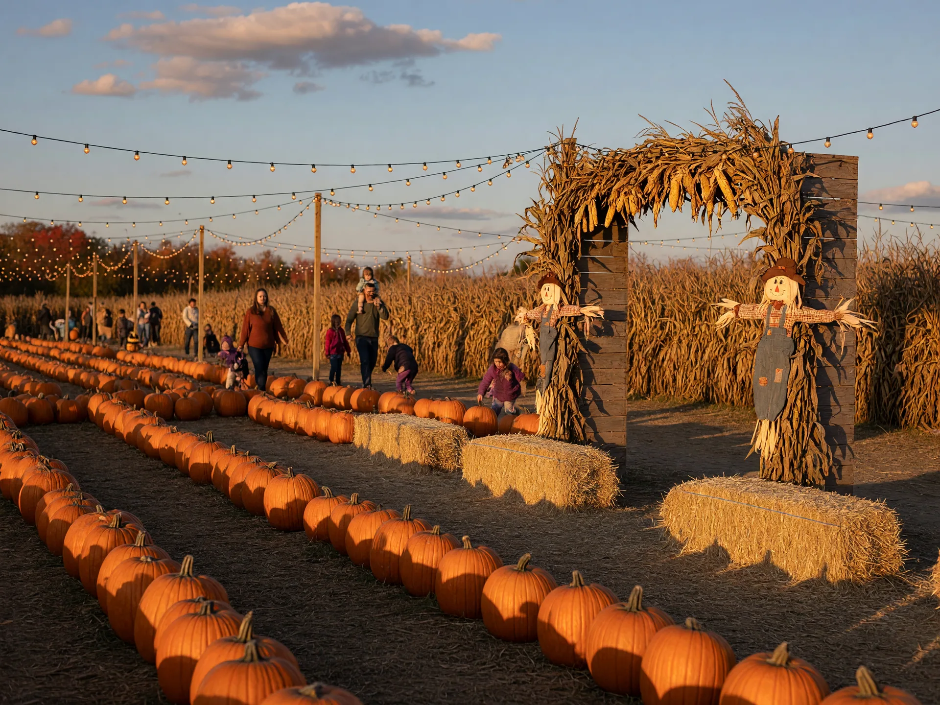Rows of pumpkins in a North Carolina farm patch at golden hour, with hay bales, a corn maze entrance, and string lights overhead