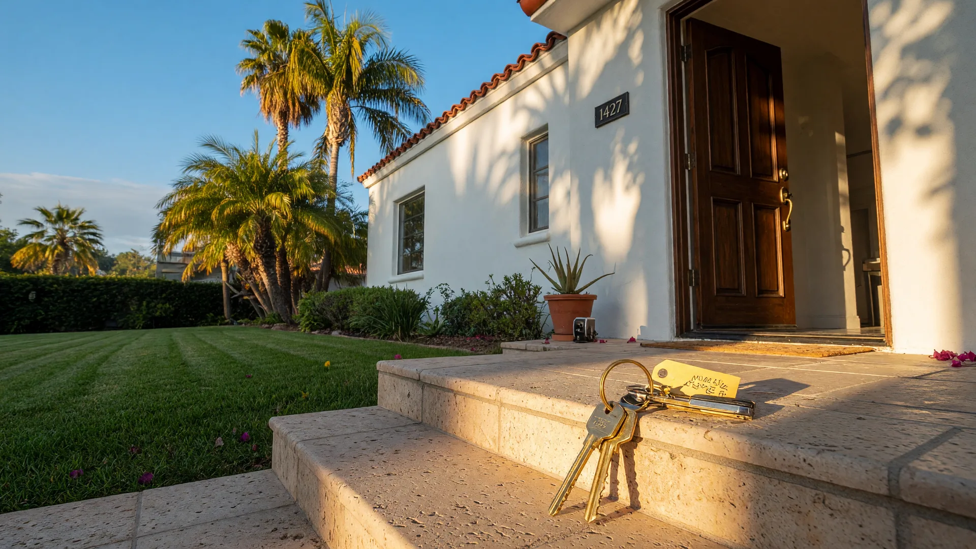 Brass house keys resting on the stone welcome step of a sunlit single-story stucco home with a red tile roof in Murrieta, representing closing day