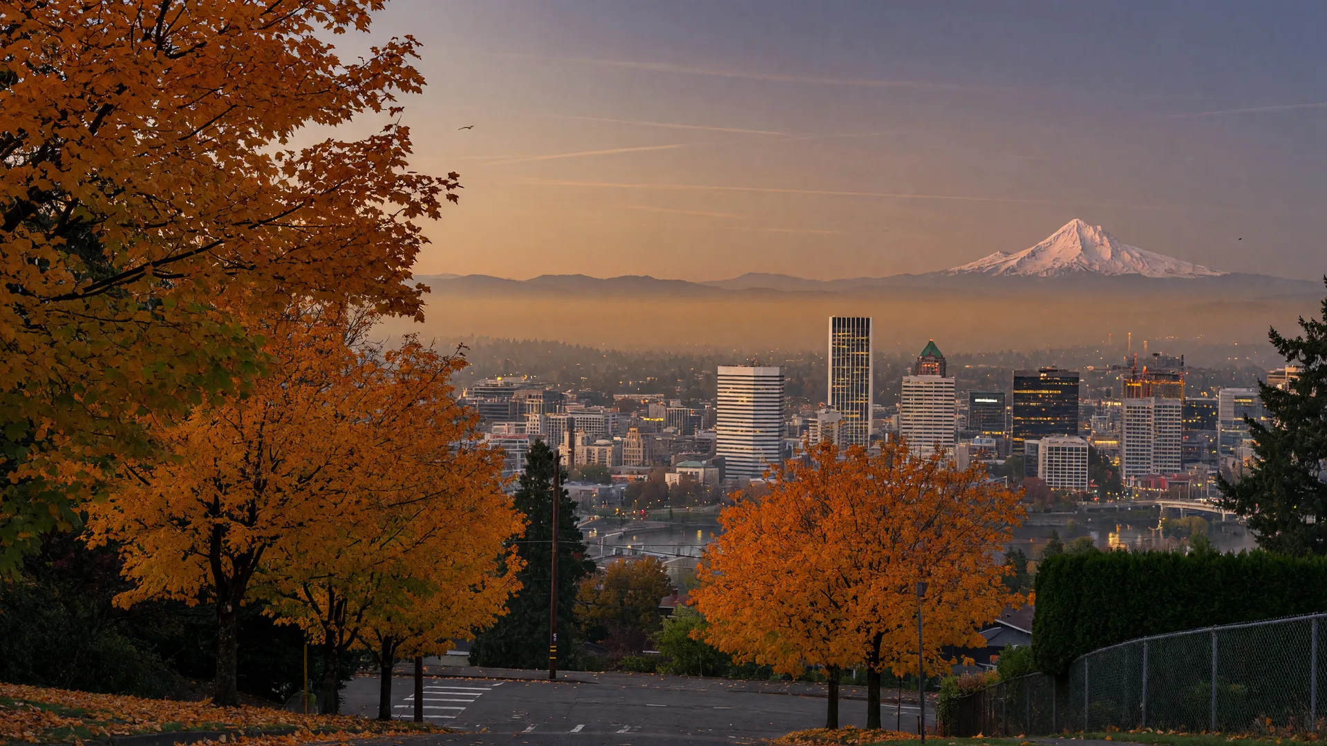 Portland skyline at dusk seen from the southeast hills, downtown towers glowing in warm light with Mount Hood faint on the horizon