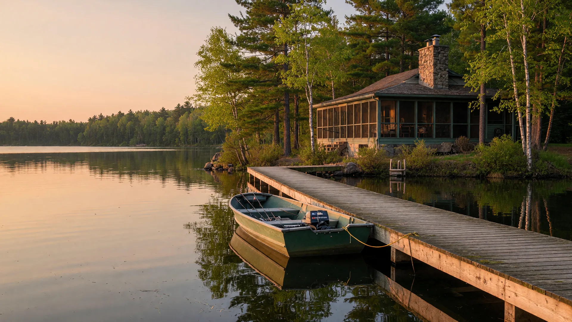 Classic Minnesota lake home on a calm Brainerd Lakes shoreline at golden hour