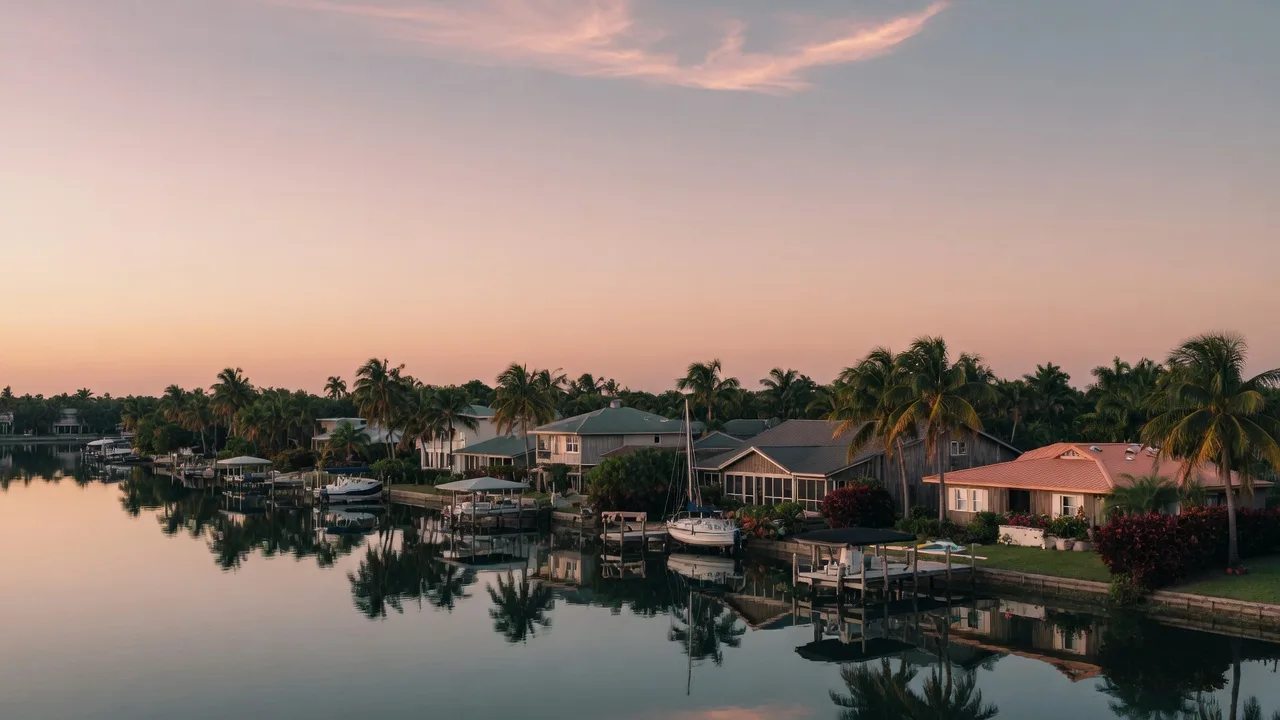 Residential waterfront along Sarasota Bay at dusk with coastal single-family homes, docks, and palms reflected in still water