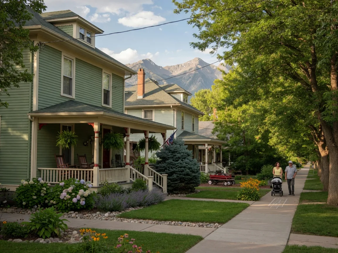 Historic early 1900s home on a tree-lined street in Louisville Colorado with Rocky Mountain backdrop