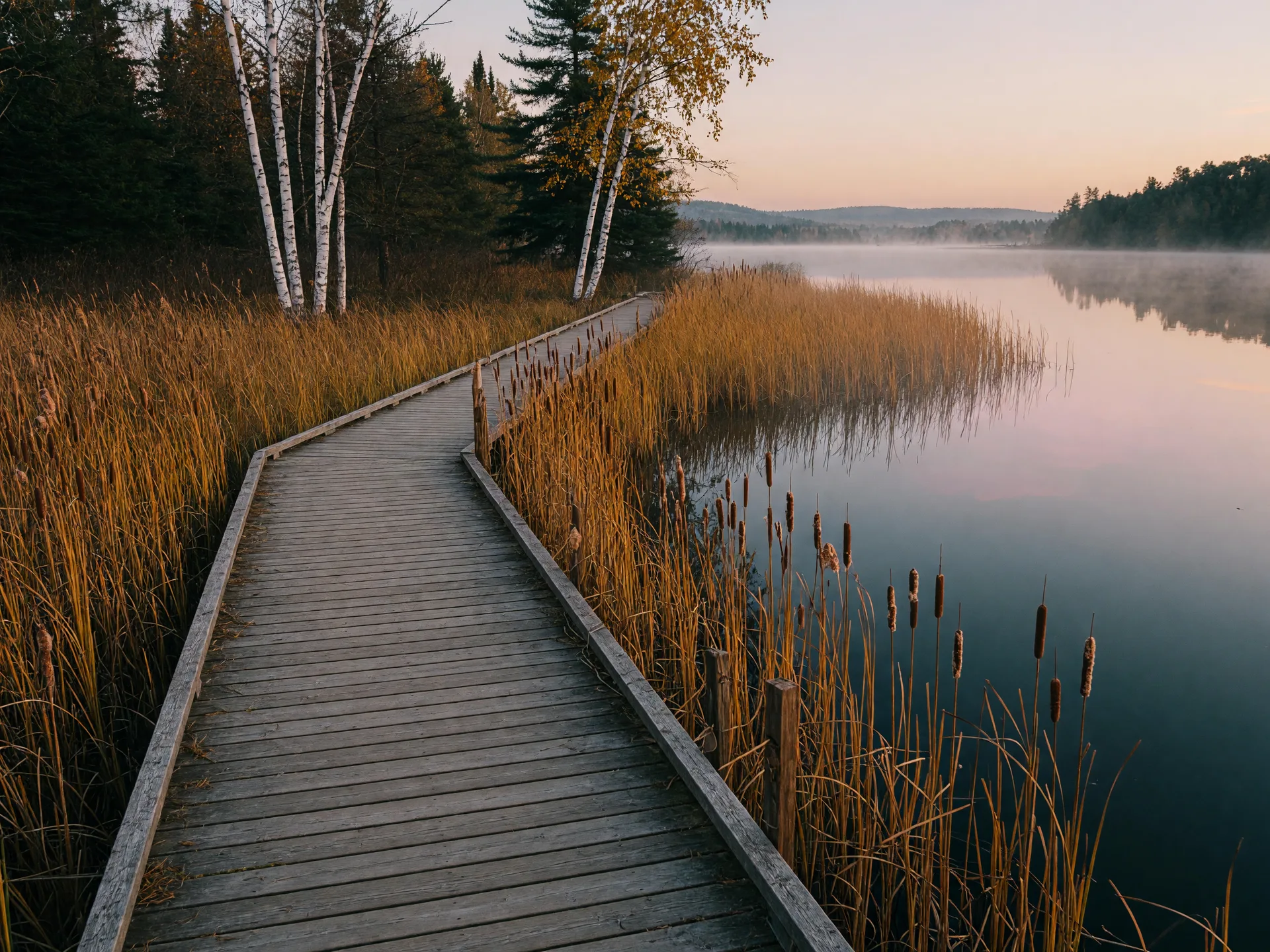 A boardwalk crossing a cattail marsh beside a lake