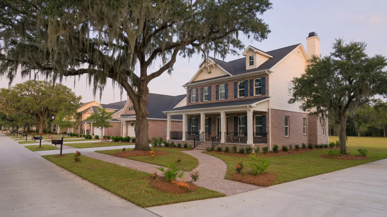 New construction coastal-traditional homes in the Mobile area with live oak trees and Gulf Coast character