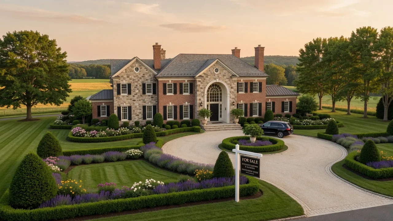 Luxury stone and brick estate in South Jersey with manicured garden and grand entrance, for sale