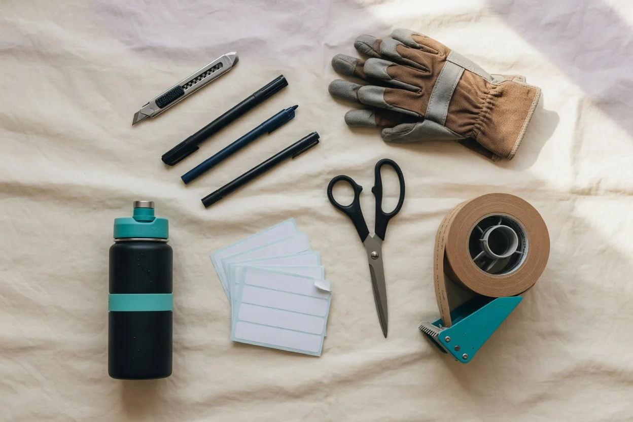 A warm editorial flat lay of everyday necessities to pack for moving day