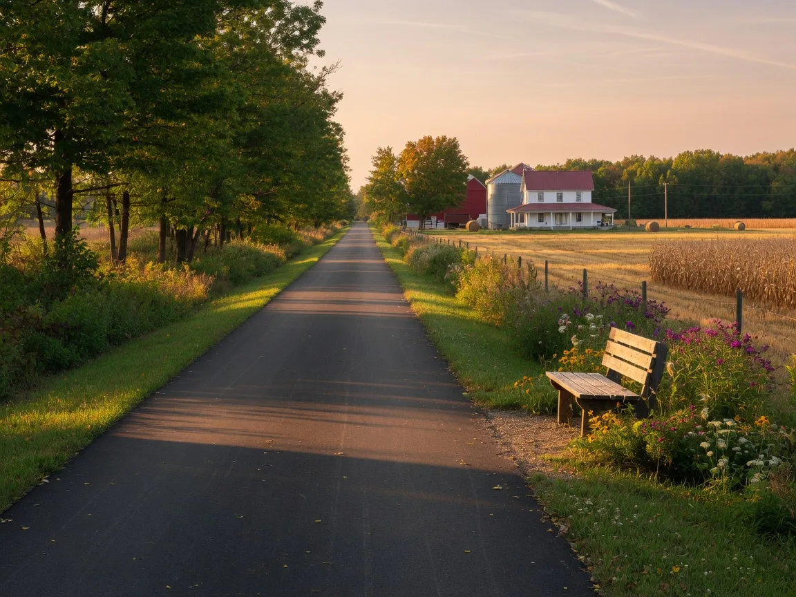 Paved rail-trail through Michigan woods and farm fields near Columbiaville in late afternoon light