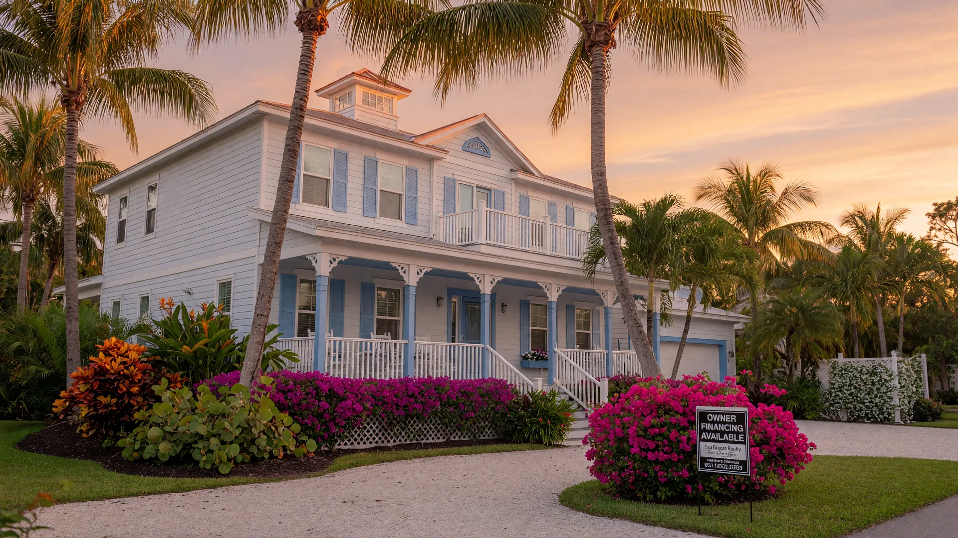 An elegant coastal home in Southwest Florida at golden hour with tropical landscaping, palm trees, and bougainvillea, with a subtle Owner Financing Available sign in the front yard