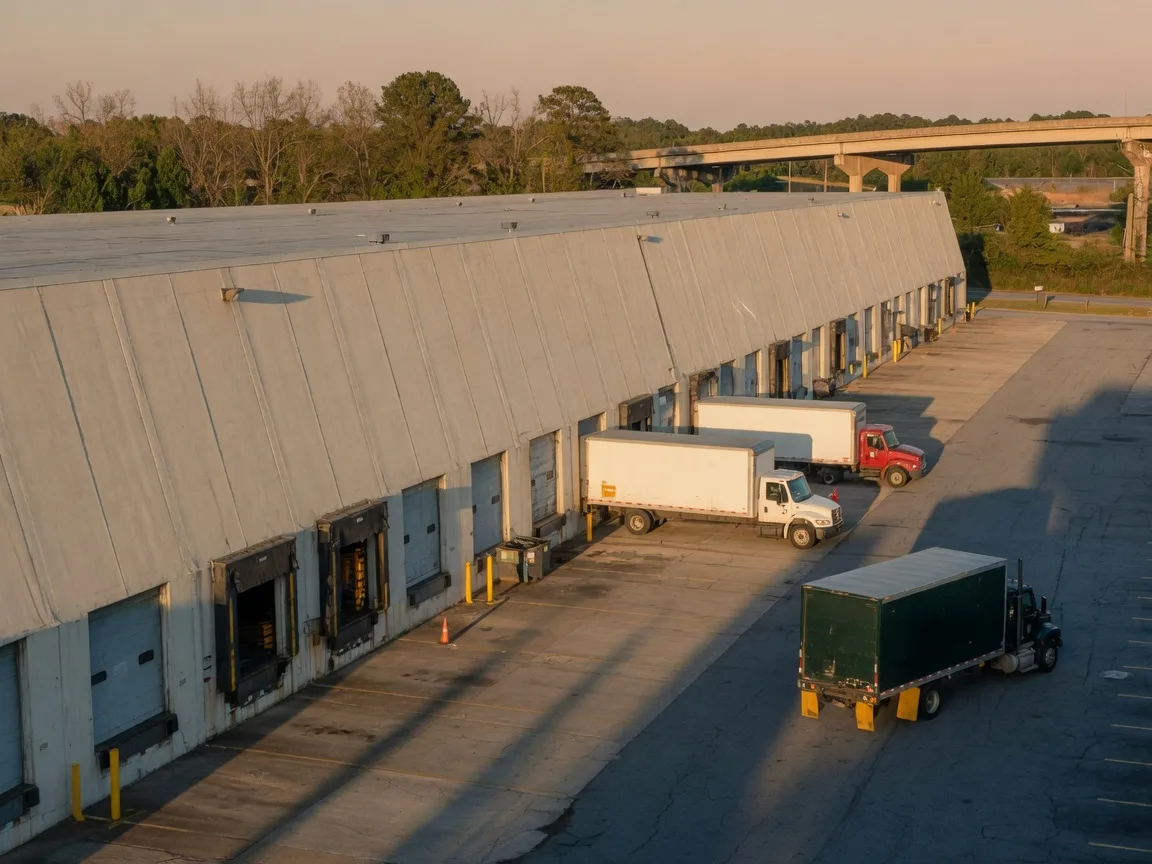 Light-industrial warehouse corridor in Atlanta with loading docks and box trucks in late afternoon light