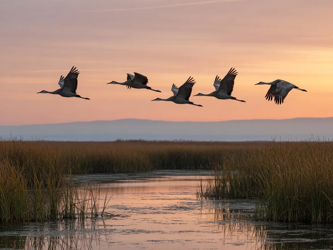 A small flock of sandhill cranes flying low over seasonal wetlands at Merced National Wildlife Refuge at sunrise, long outstretched necks and dark wing tips silhouetted against a soft golden-pink sky
