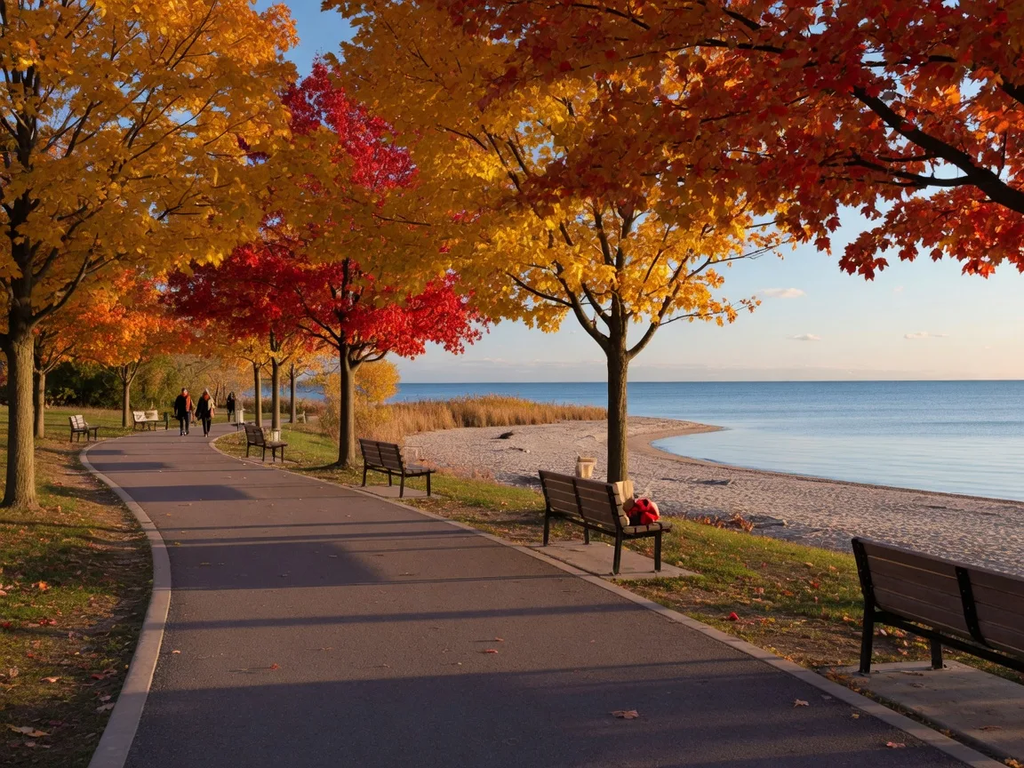Autumn lakeside path at Lakeview Park in Oshawa with golden leaves and a calm Lake Ontario