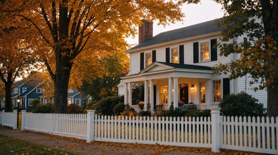 A warm New England colonial home on a quiet tree-lined street at golden hour with autumn foliage