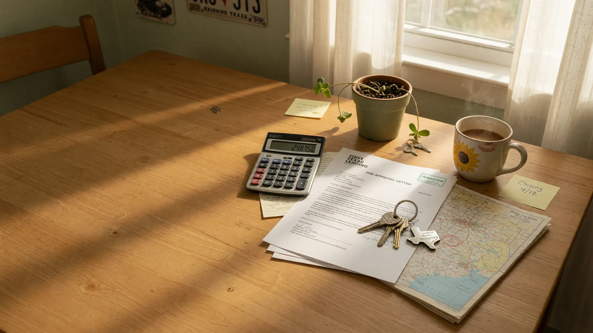 First-time homebuyer mortgage paperwork with a pre-approval letter, calculator, keys, and a Texas map on a sunlit desk